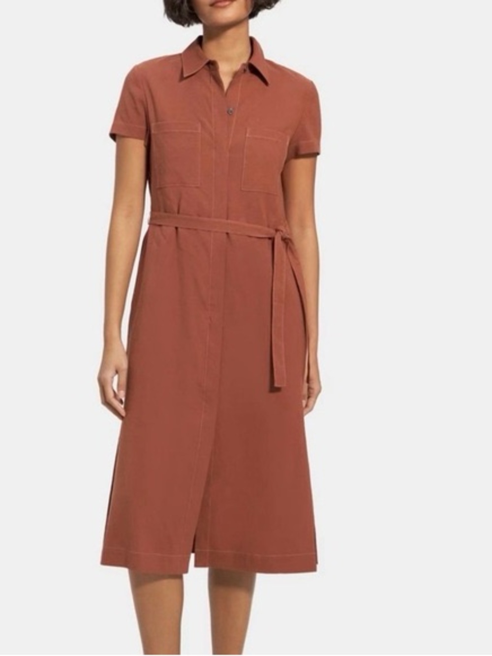 Women's Rust Collared Midi Shirt Dress with Waist Tie